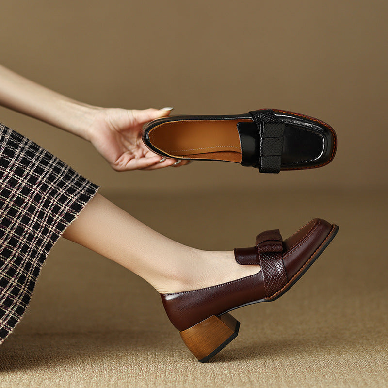 Bowknot Elegant Square Toe Solid Color Mid Single-layer Women's Fashion Shoes
