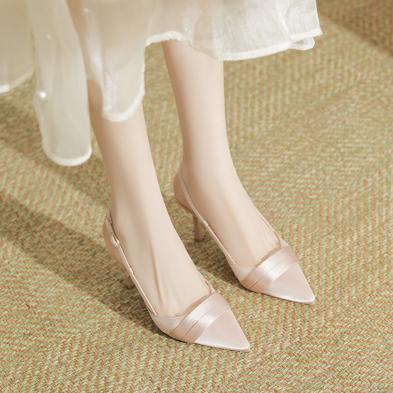 Women's Stilettos Pointed French Style Temperament Satin Buckle Simple Heels