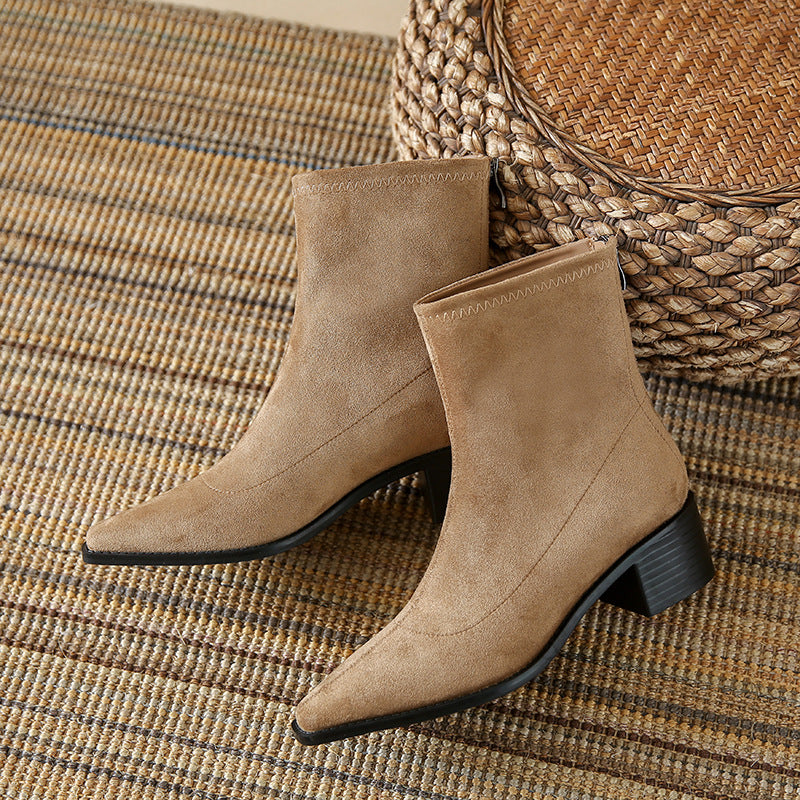 Women's Spring Single Thick Back Zipper French Suede Women's Leather Boots