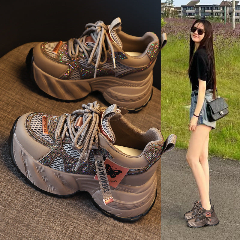 Women's Thick-soled Height Increasing Insole Rhinestone Mesh Surface Clunky Sports Casual Shoes