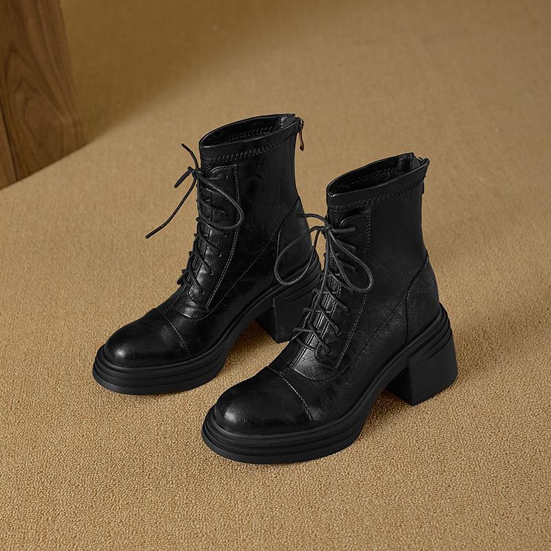 Thick Skinny Back Zip Platform Stretch Stitching Ankle Heels