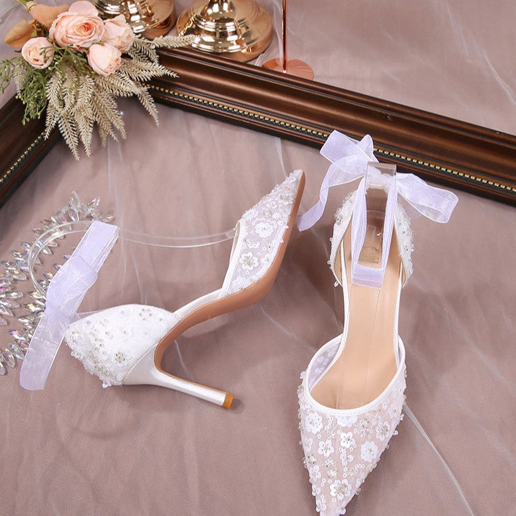 Style Sequin Hollowed White Lace Strap Stiletto High Heeled Sandals