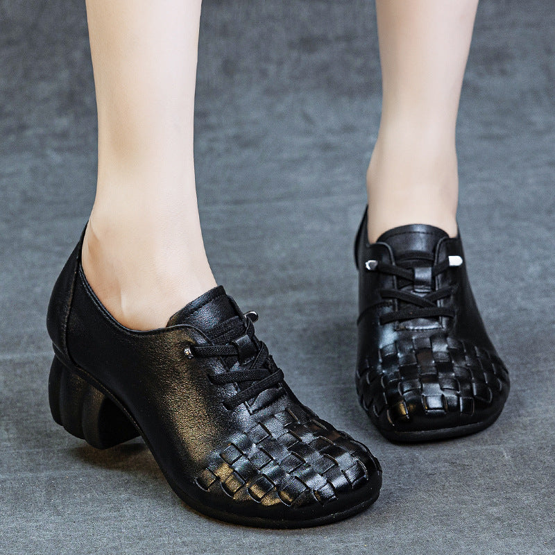 Women's Thick Soft Bottom First Layer Cowhide Slip-on High-cut Retro Handmade Heels