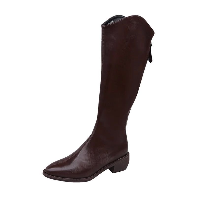 Long V Cut Milk Tea Brown Chunky Female Winter Small Women's Leather Boots