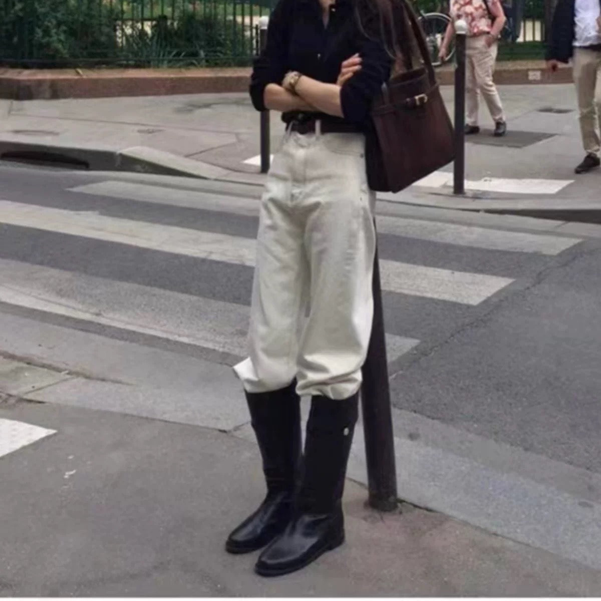 Women's Korean Style Handmade Thigh High Square Chunky Heels