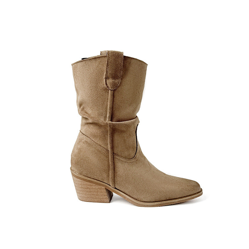 Women's Slimming Pointed Toe Chunky Booties Pile Style Women's Leather Boots