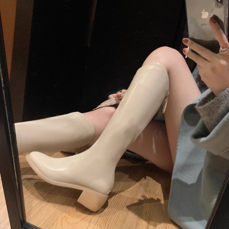 Women's Outer Wear High Leg Below The Knee V Cut Thick Women's Leather Boots