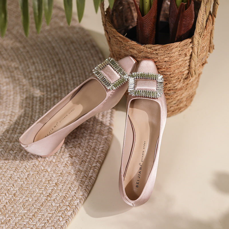 Women's Rhinestone Square Buckle Thick Pumps Satin Silk Low Flats Temperament Women's Fashion Shoes
