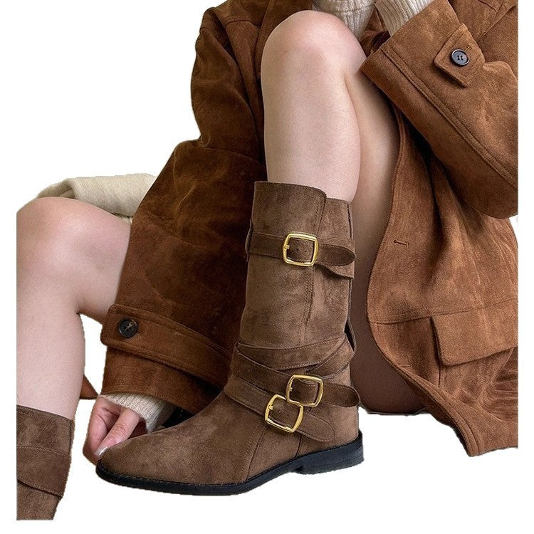 Buckle Matte Handsome Motorcycle Female Retro Slimming Women's Leather Boots