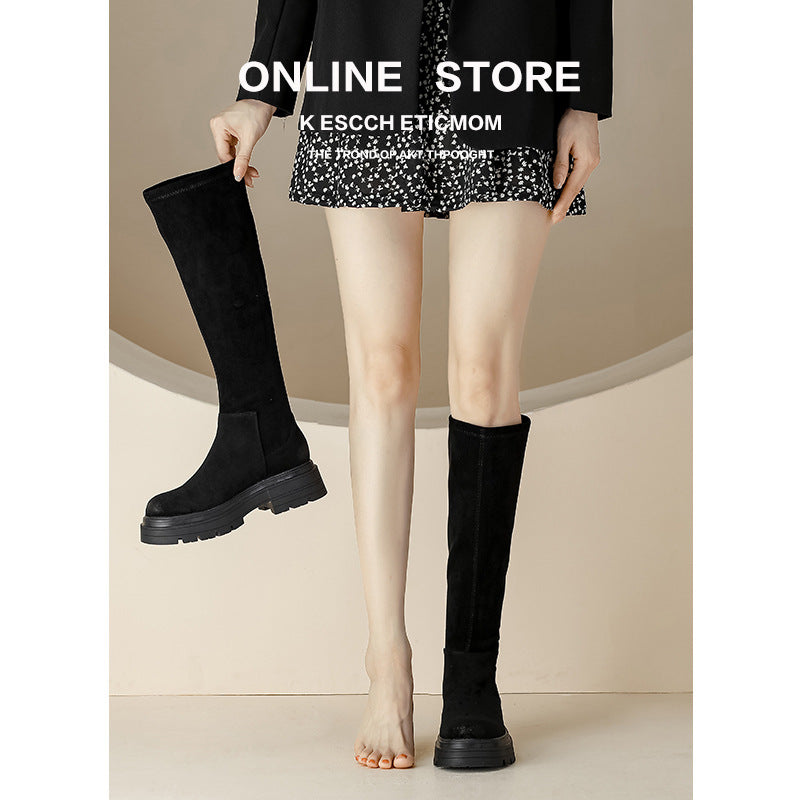Suede Stretch Skinny Below The Knee Long Women's Leather Boots