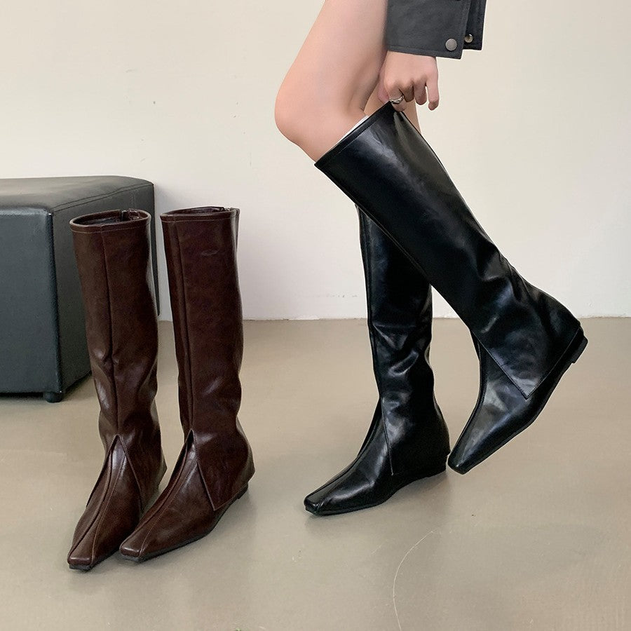Women's Toe Soft Surface Double Perforating High Below The Knee Thin Women's Leather Boots