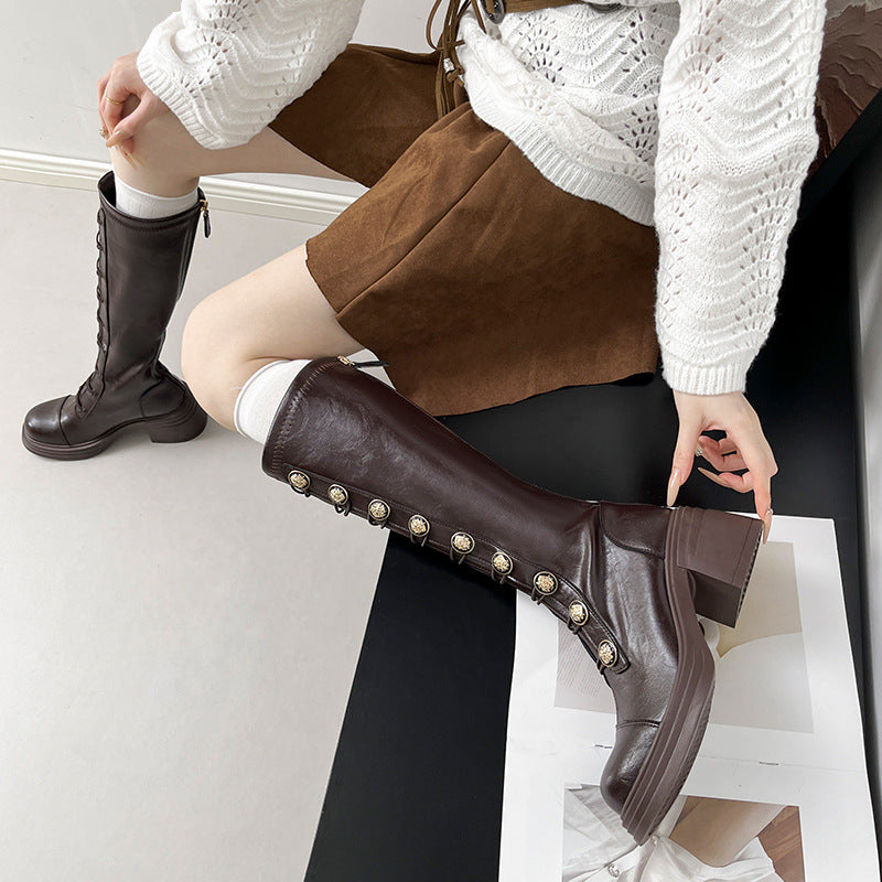 British Badge Below The Knee Long Women's Leather Boots