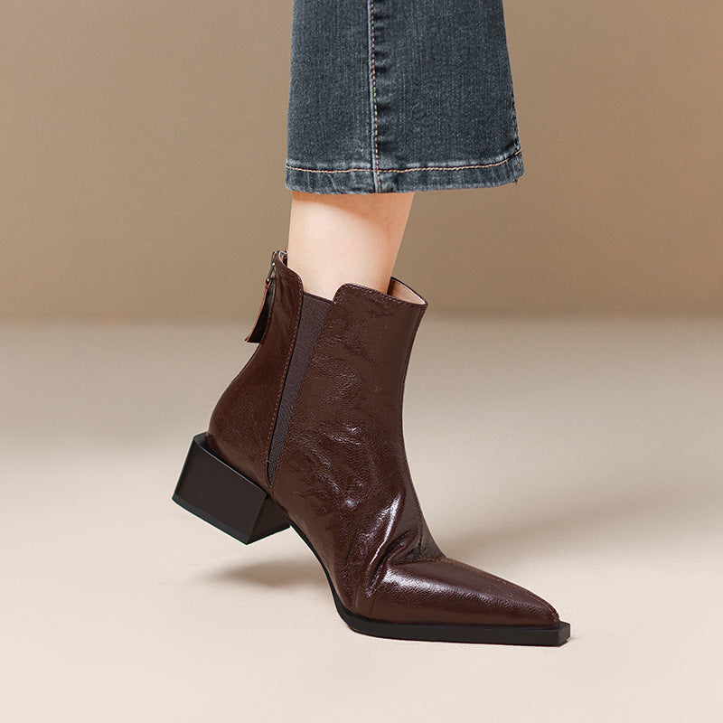 Women's Black Short Thick Thin Retro Martin Women's Leather Boots
