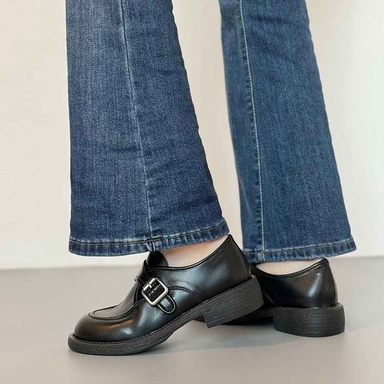 Women's British Style Belt Buckle Chunky Fleece Lined Thermal Versatile Women's Casual Shoes