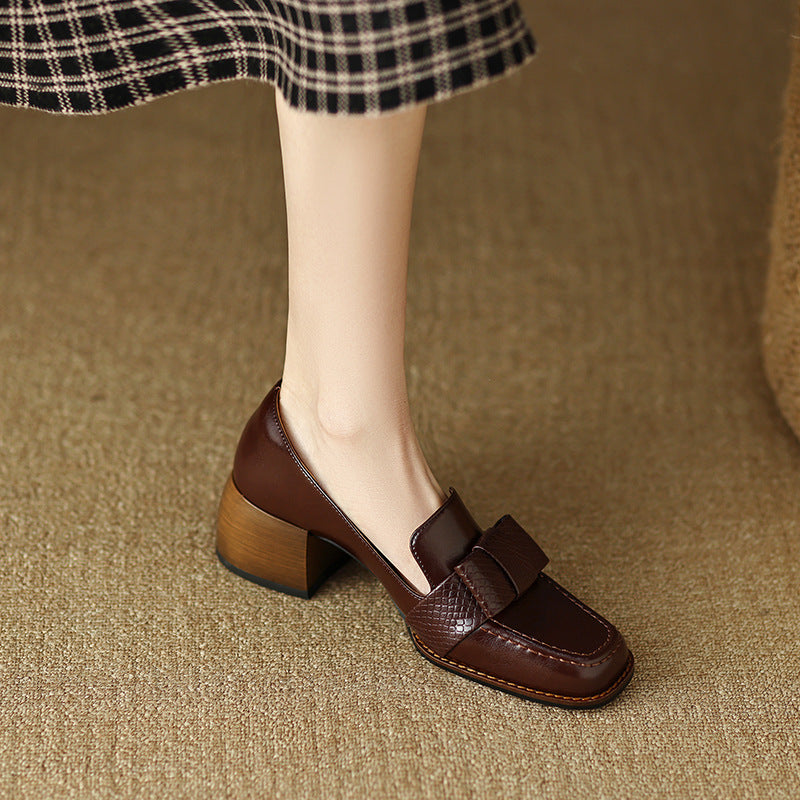 Bowknot Elegant Square Toe Solid Color Mid Single-layer Women's Fashion Shoes