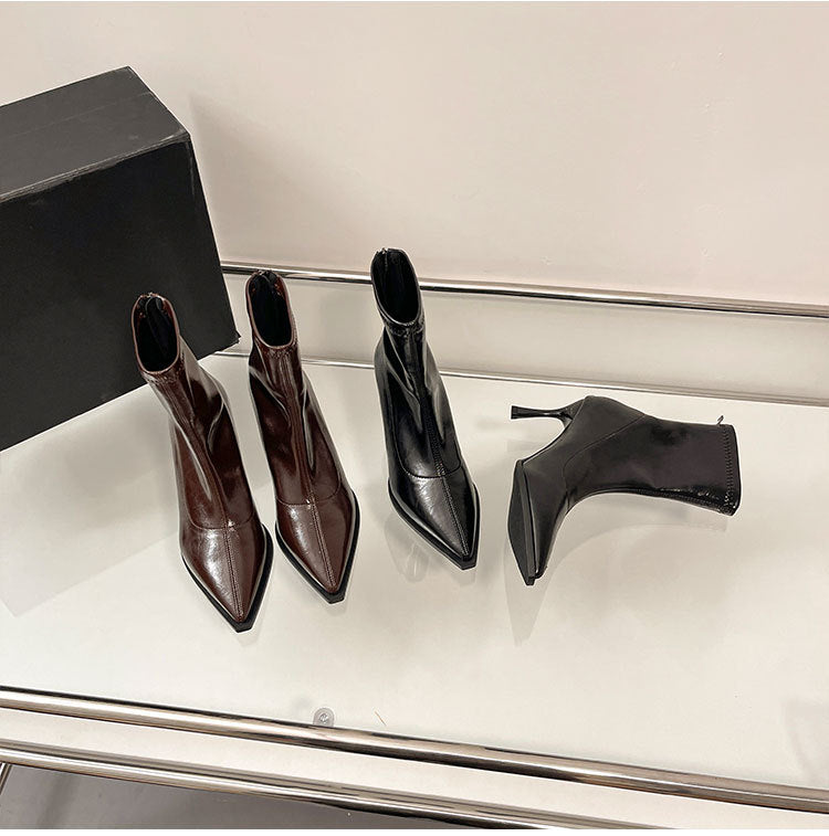 Women's Pointed Simple Solid Color Back Zip Short Women's Leather Boots