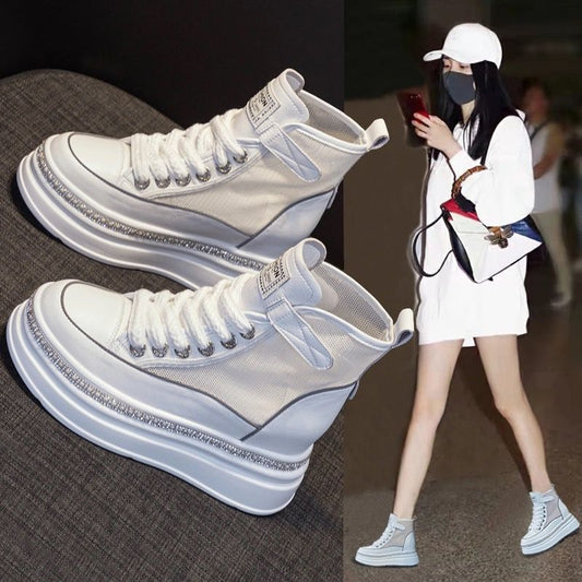 Genuine Platform White Small High Top Inner Height Increasing Women's Casual Shoes
