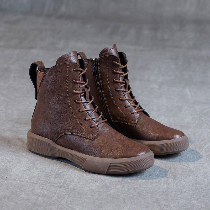 Women's Versatile Cowhide Short British Retro Platform Women's Leather Boots