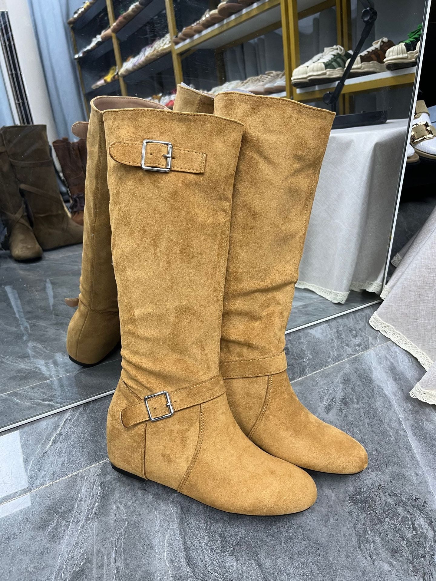 Women's Western Cowboy Korean Round Head Buckle Women's Leather Boots