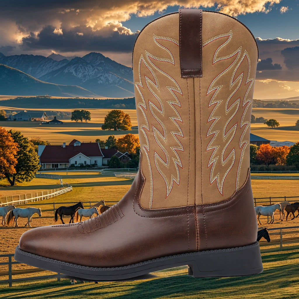 Sleeve Large Wide Head Western Cowboy Men's Leather Boots