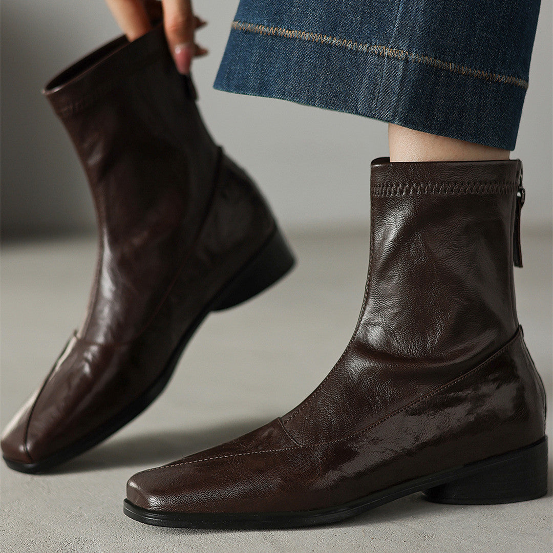 Women's Booties Genuine Temperament Square Toe Soft Bottom Comfortable Flat Boots