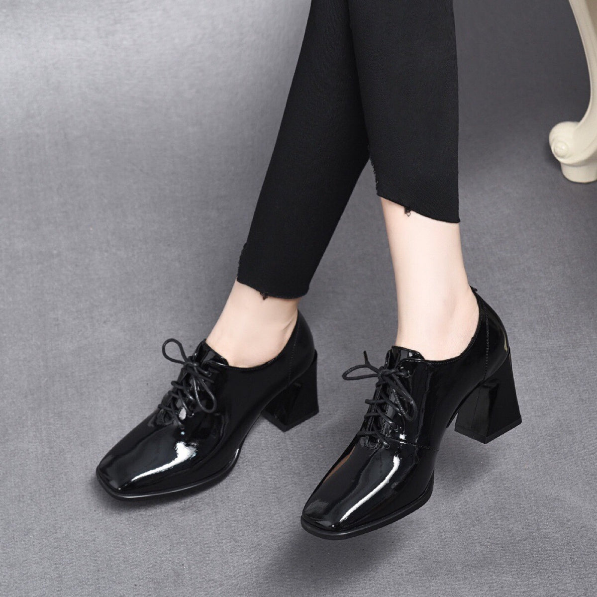 Women's Black Professional Square Toe Laces Mid Deep Women's Fashion Shoes