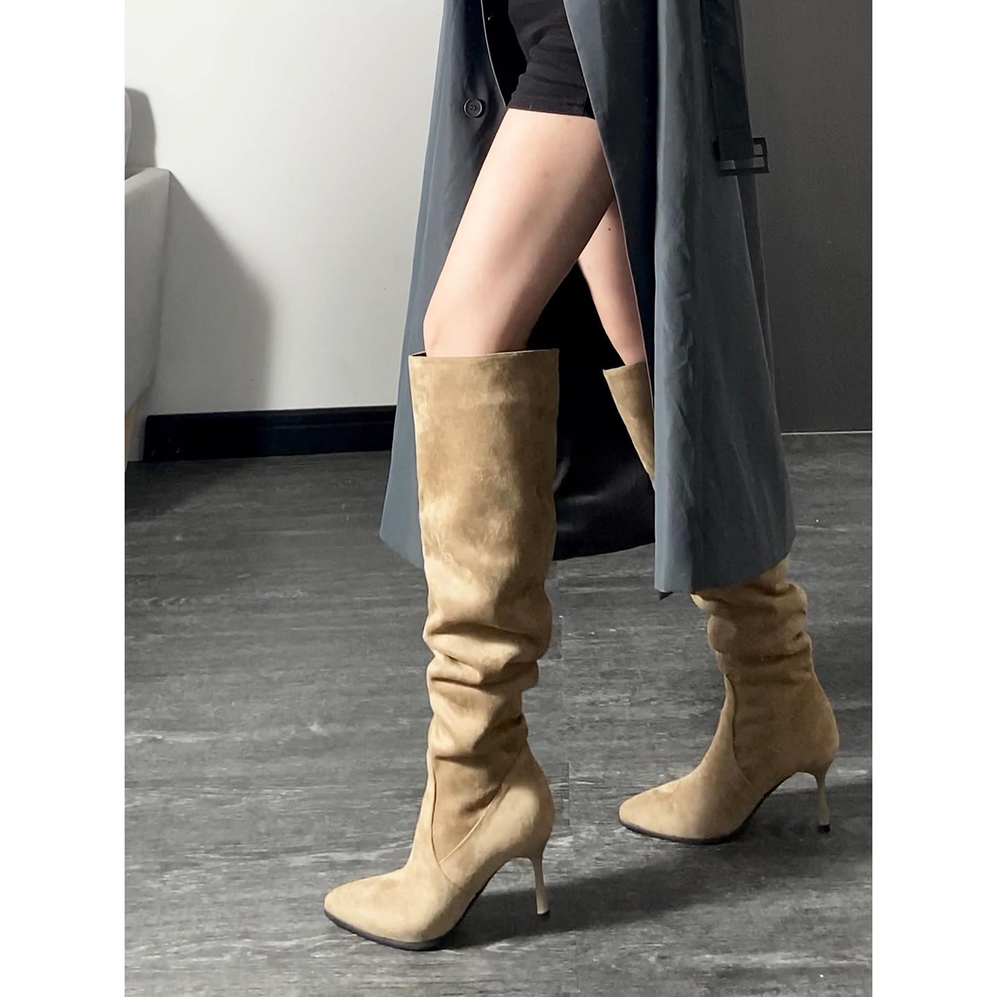 Women's Hair Pointed Toe Skinny Suede Pleated Pile Boots