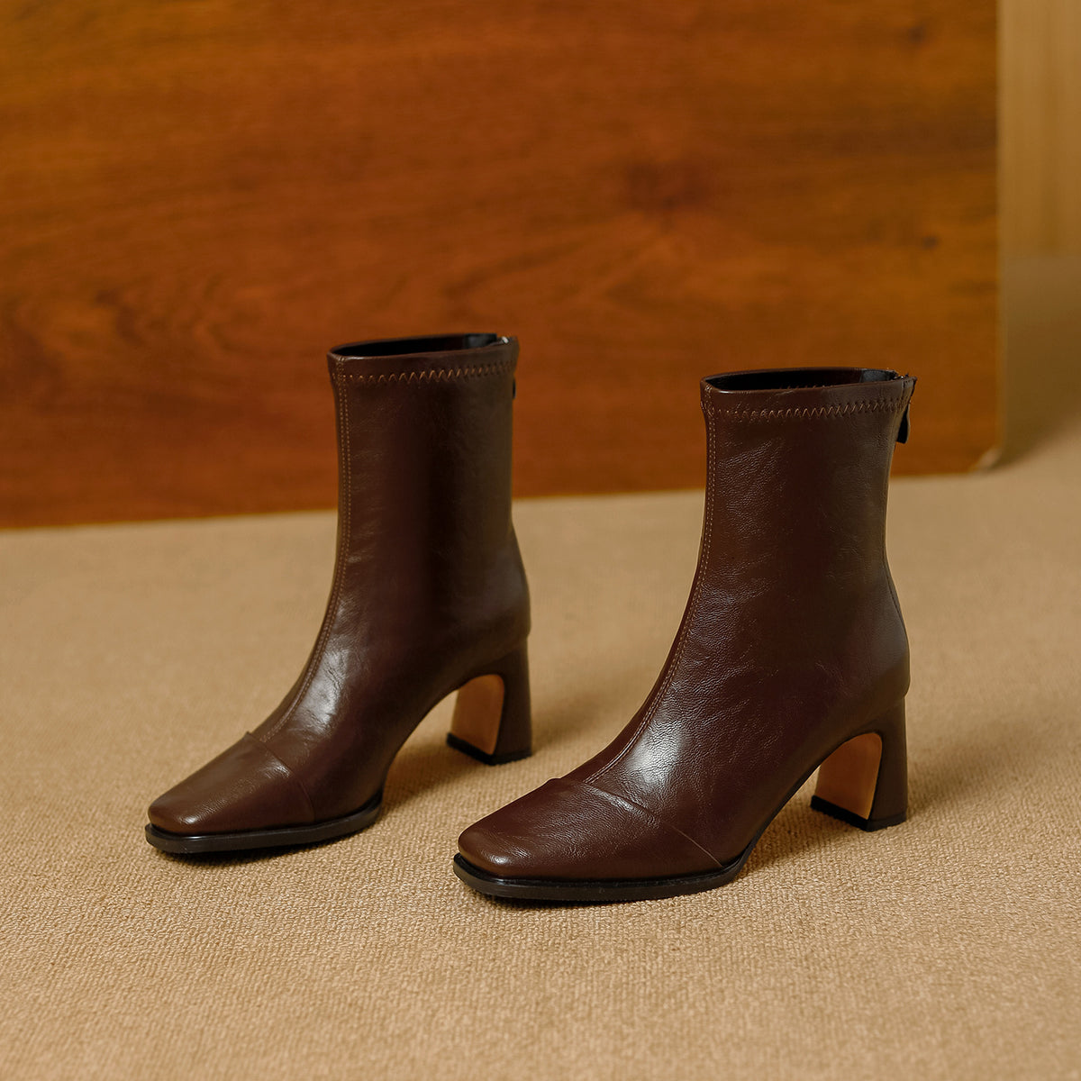Women's Square Toe High Stretch Thin With Padded Lining Simple Women's Leather Boots