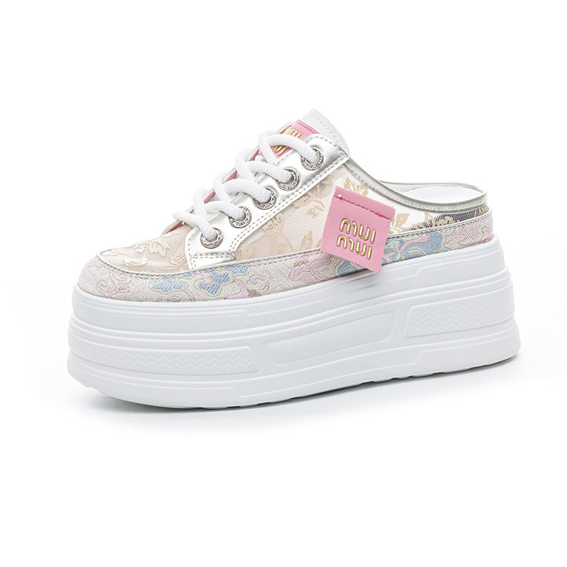 Women's Summer Breathable Half Mesh Surface White Thick Bottom Women's Casual Shoes