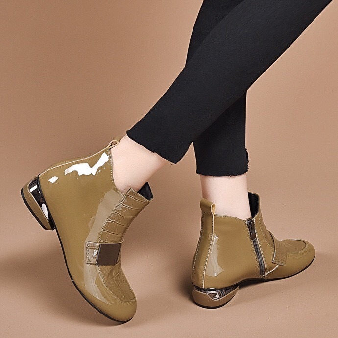 Women's Booties Patent Round Toe Ankle Low Soft Boots