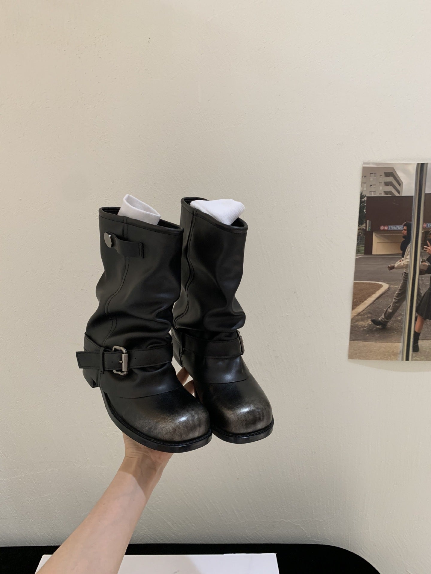 Tax-free Short Pleated Pile Style Wide Women's Leather Boots