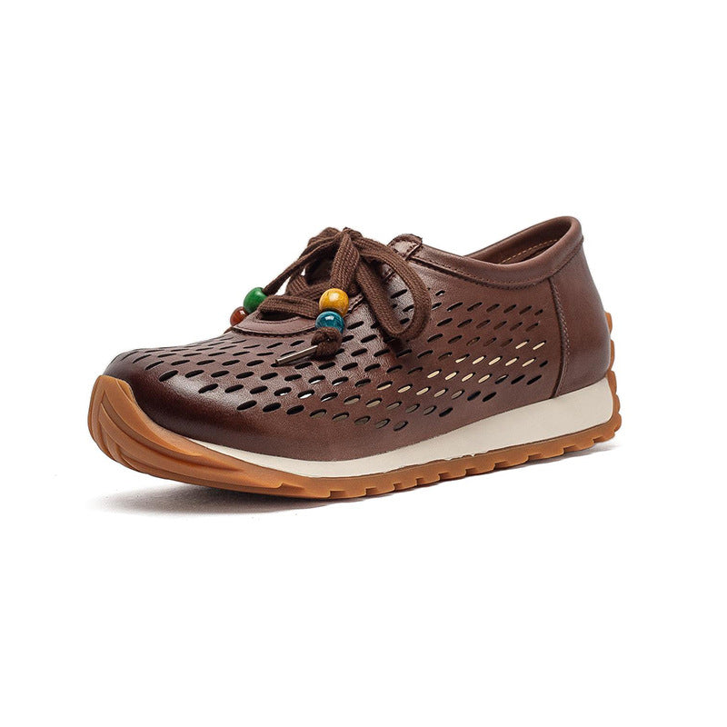Women's Laser Punching Breathable Pumps First Layer Cowhide Artistic Women's Casual Shoes