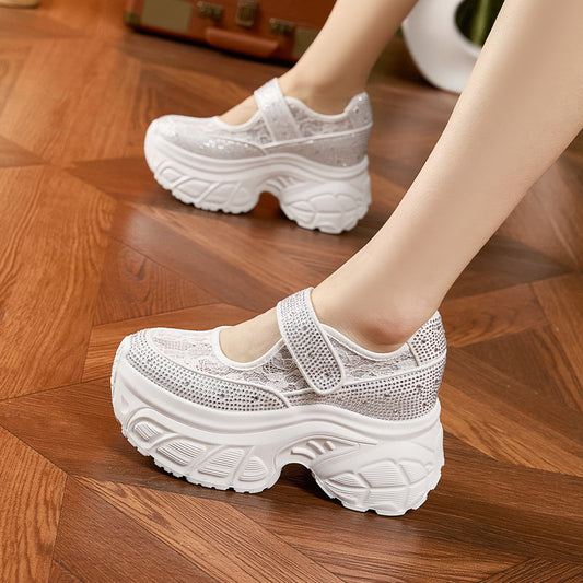 Women's Summer Thick Bottom Height Increasing Insole Mesh Velcro Rhinestone Men's Shoes