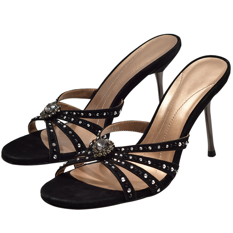 Women's Round Rhinestone High Black Gem Stiletto Sexy Women's Fashion Shoes