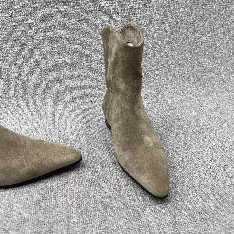 Women's Sheepskin Version Minimalist Suede Pointed Flat Skinny Short Fleece-lined Western Women's Leather Boots
