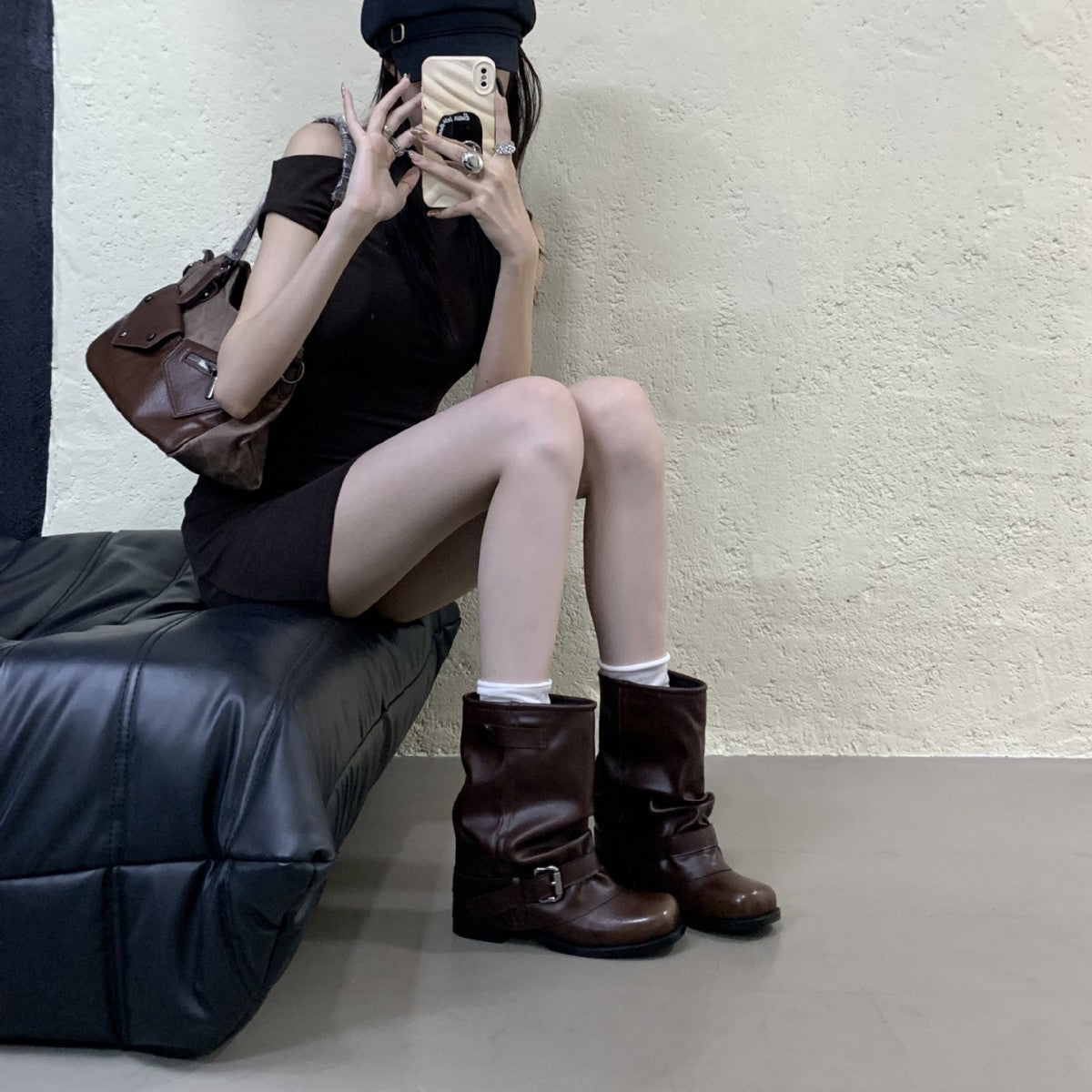 Tax-free Short Pleated Pile Style Wide Women's Leather Boots