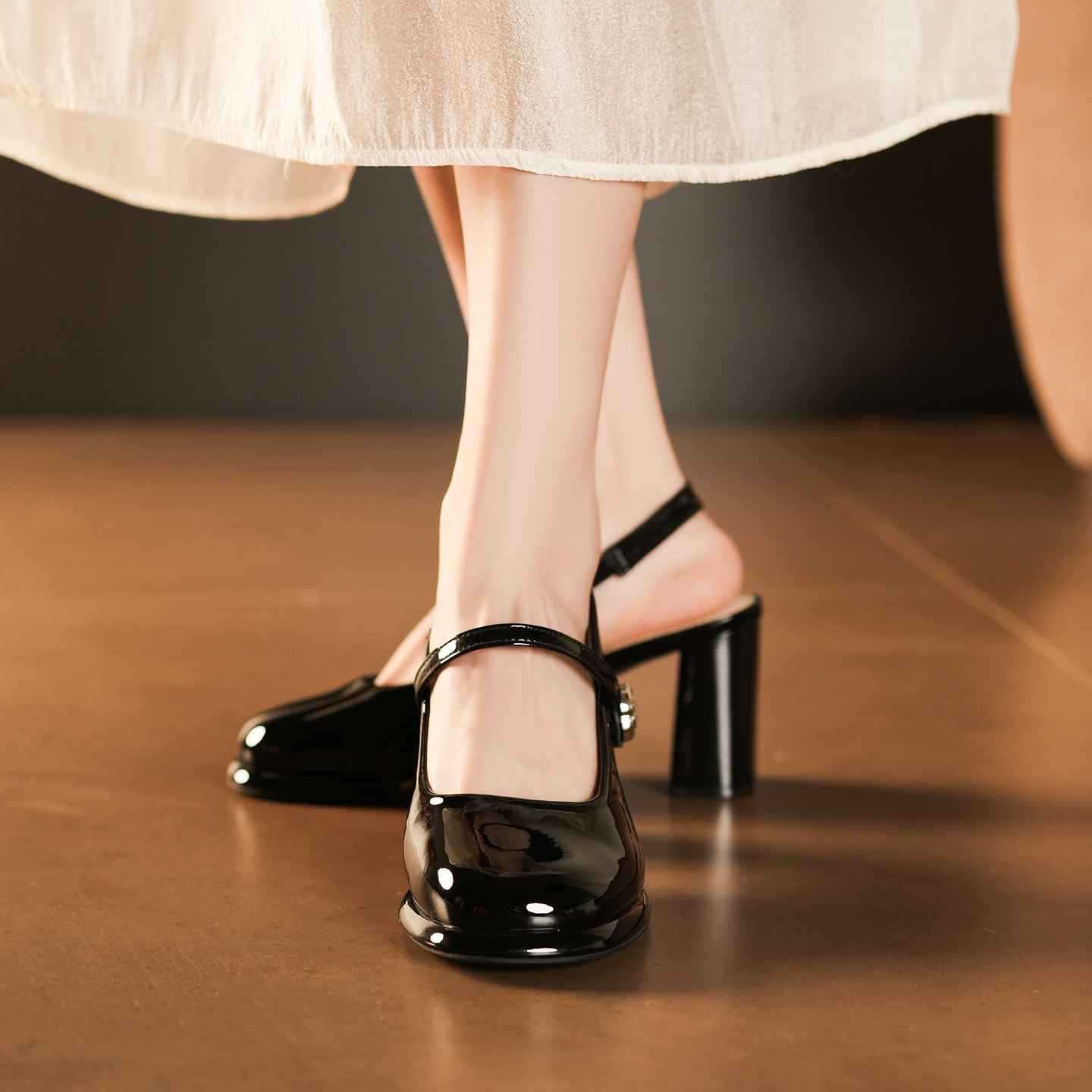 Pumps Rhinestone Square Buckle One-word With Chunky Commuter Toe Back Women's Fashion Shoes