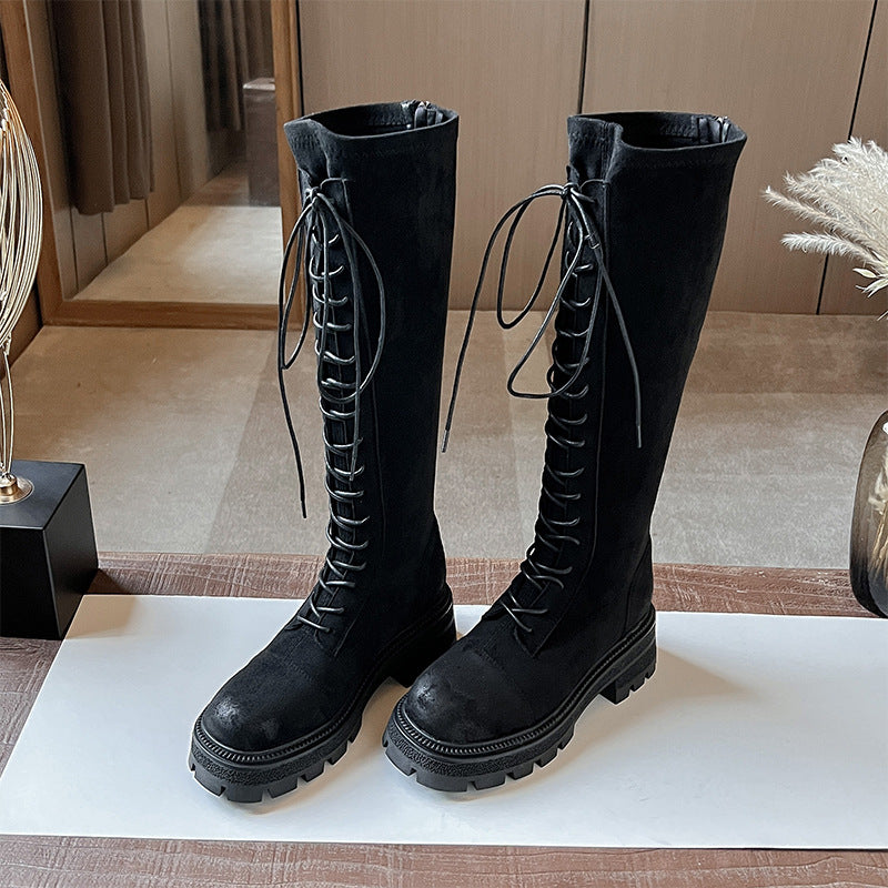 Below The Knee Slimming Elastic Thick Bottom Skinny Leg Women's Leather Boots