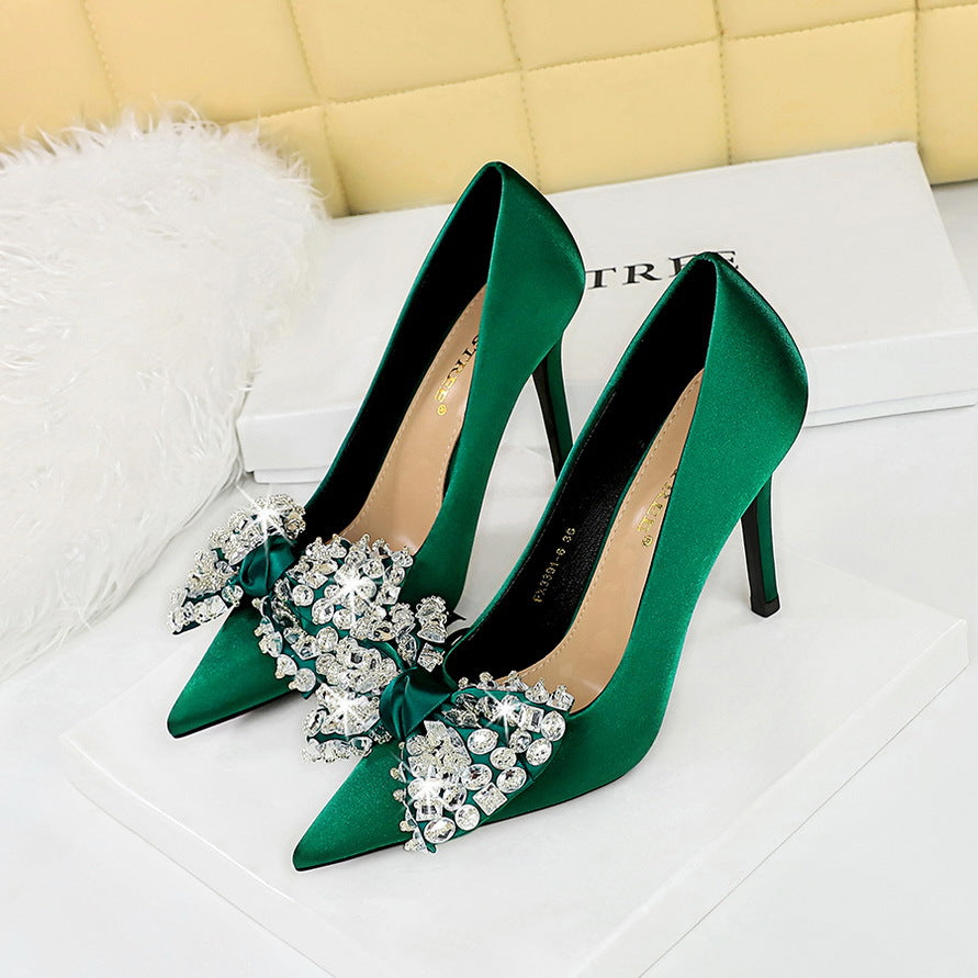 Women's Satin Shallow Mouth Pointed Toe Rhinestone Bow Women's Fashion Shoes