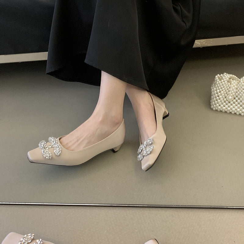 Women's Pairs Of Buckle Rhinestone Square Toe Low Heels