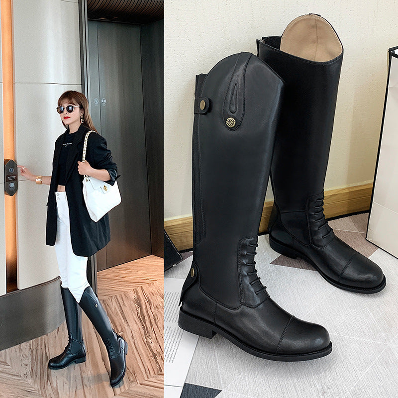 Women's Back Zipper High Leg Chunky Low Women's Leather Boots