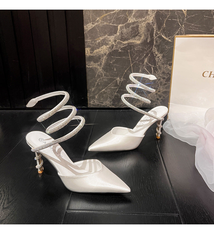 Women's Toe Summer Sexy Snakelike Winding Rhinestone Suede Pointed White Satin High Heeled Sandals