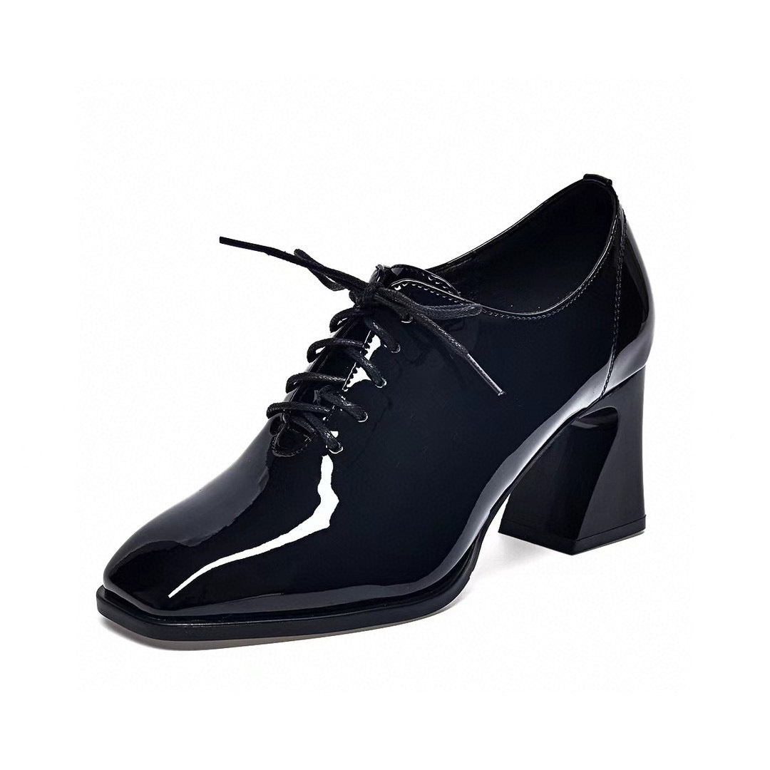 Women's French Style Temperament Square Toe Laces Chunky High Deep Mouth Women's Fashion Shoes