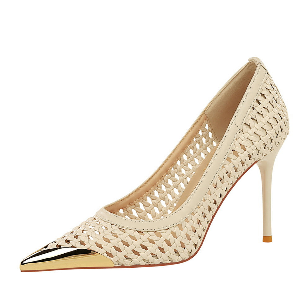 Women's Beautiful High Shallow Mouth Woven Stiletto Metal Small Sharp Point Women's Fashion Shoes