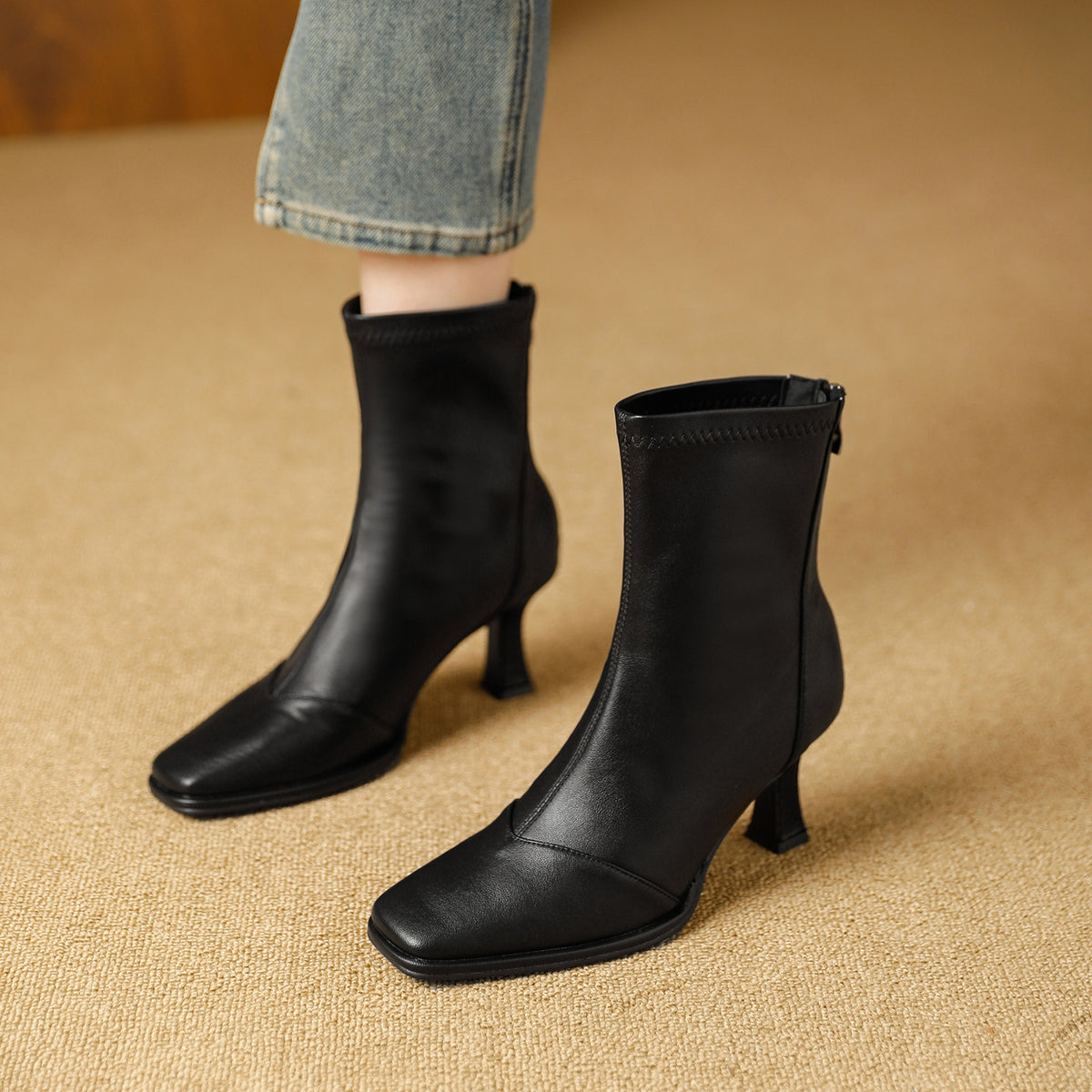 Women's Style High Stiletto Square Toe Back Zipper Graceful Fashionable Slimming Women's Leather Boots