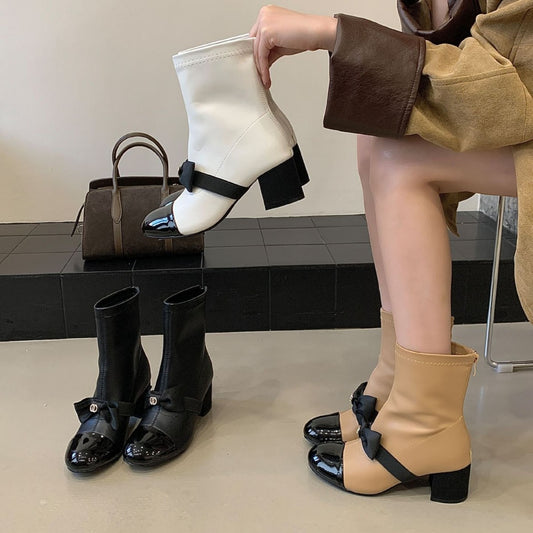 Women's Style French Bow Color Block Chunky Princess Wind Chain Chelsea Boots