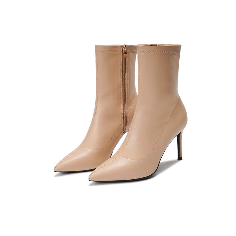Side Zipper Surface Pointed Korean Style Women's Leather Boots