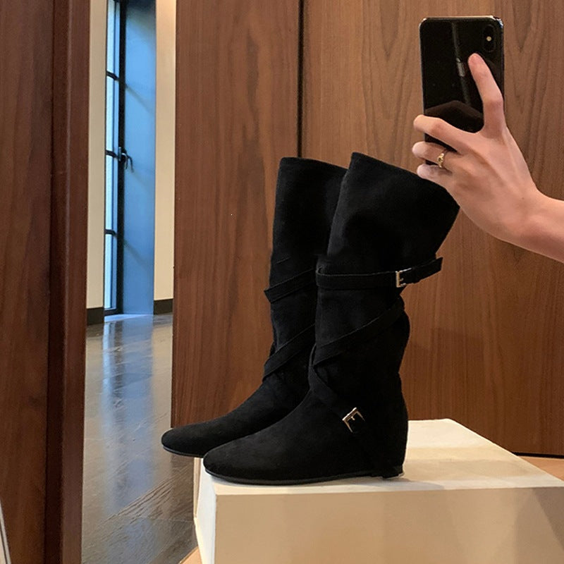 Women's Cowhide Version Height Increasing Korean Round Head Buckle Soft Pleated Boots