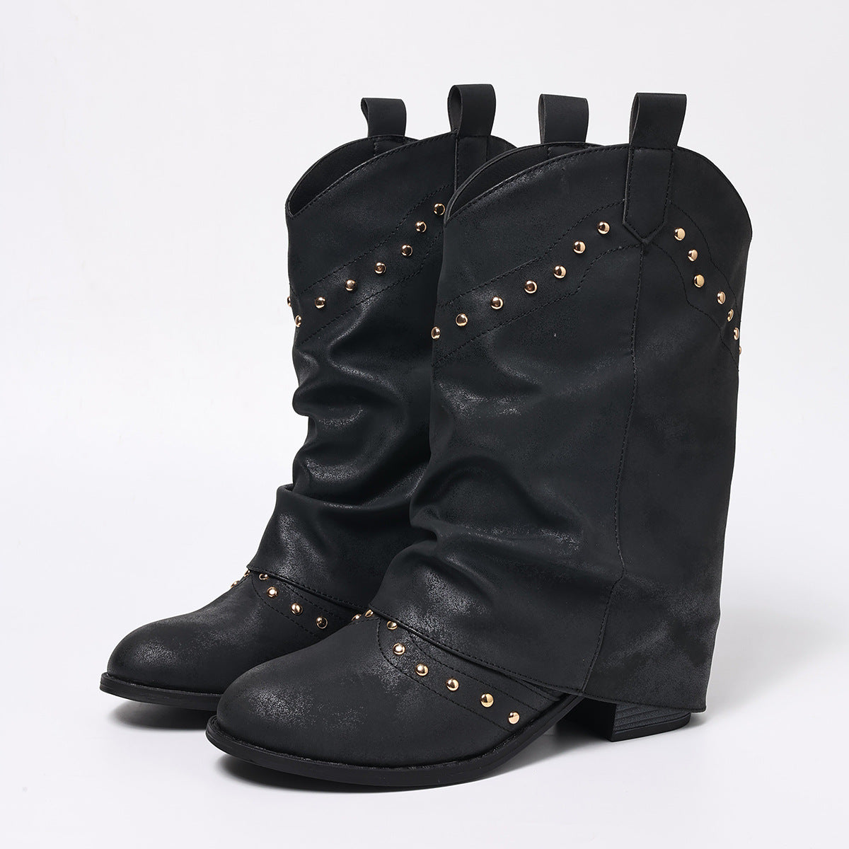 Women's Thick Middle Knee-high Pleated Large Size Fashion Slip-on Women's Leather Boots