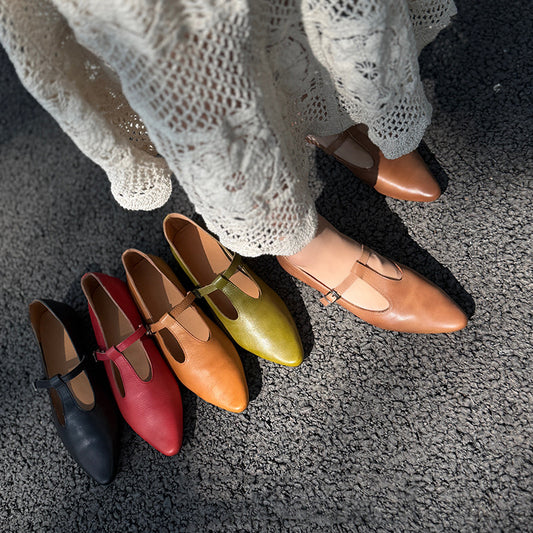 Women's Pointed Flat Buckle Mori Style Retro Solid Color Women's Casual Shoes